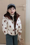 Dual Side Wearable Fleece lined Brown Spots off White Hooded Puffer Jacket 13157